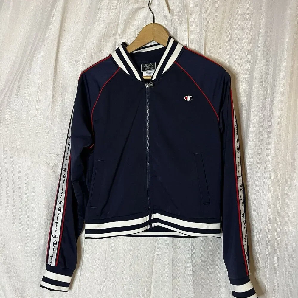 Women Jacket Track Champion‎ Med Blue Cropped Full Zip VTG Logo Casual Training